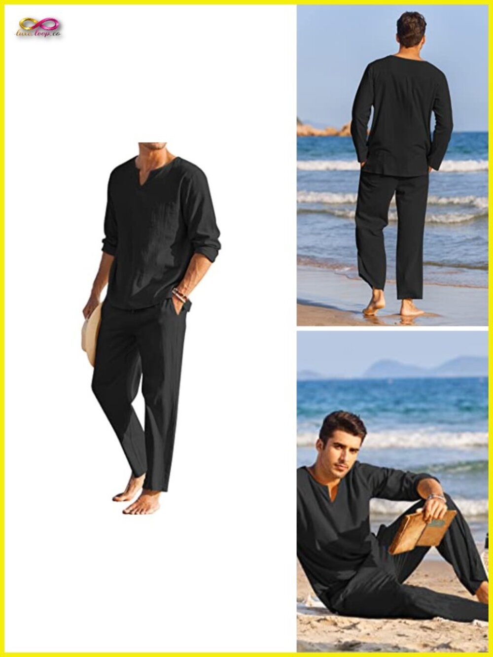 Men's 2 Piece Cotton Linen Set Henley Long Sleeve Shirt and Loose Fit Beach